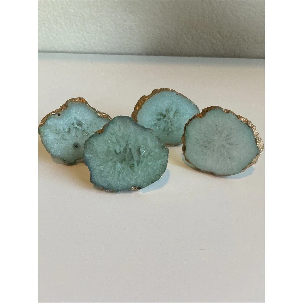 Set Of 4 Copper Dinner Napkin Rings Agate Stone Natural Geode Rock Mineral